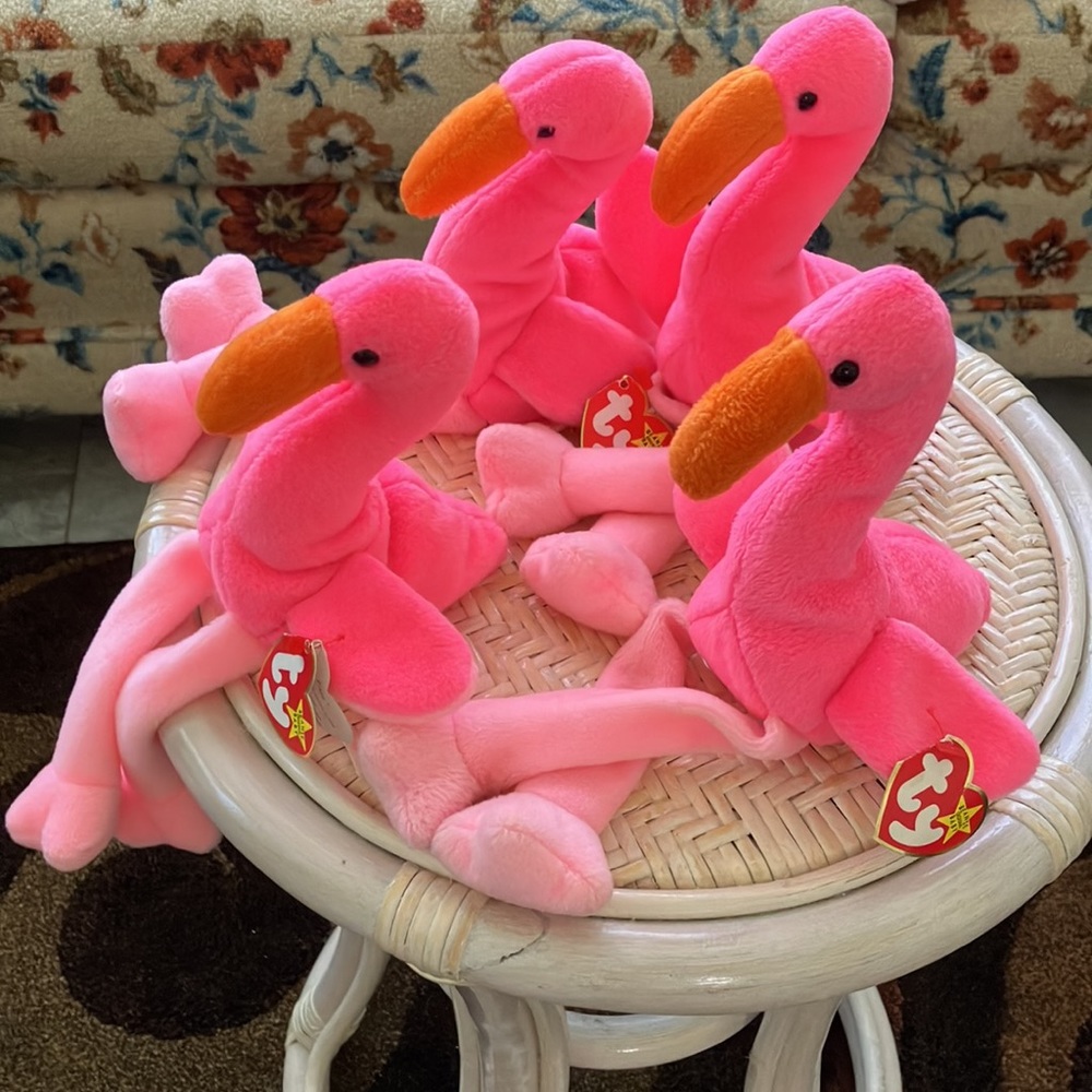 set of 4 Pinky the Flamingo 95' TY ORIGINAL BEANIE BABY - 3 with pvc pellets